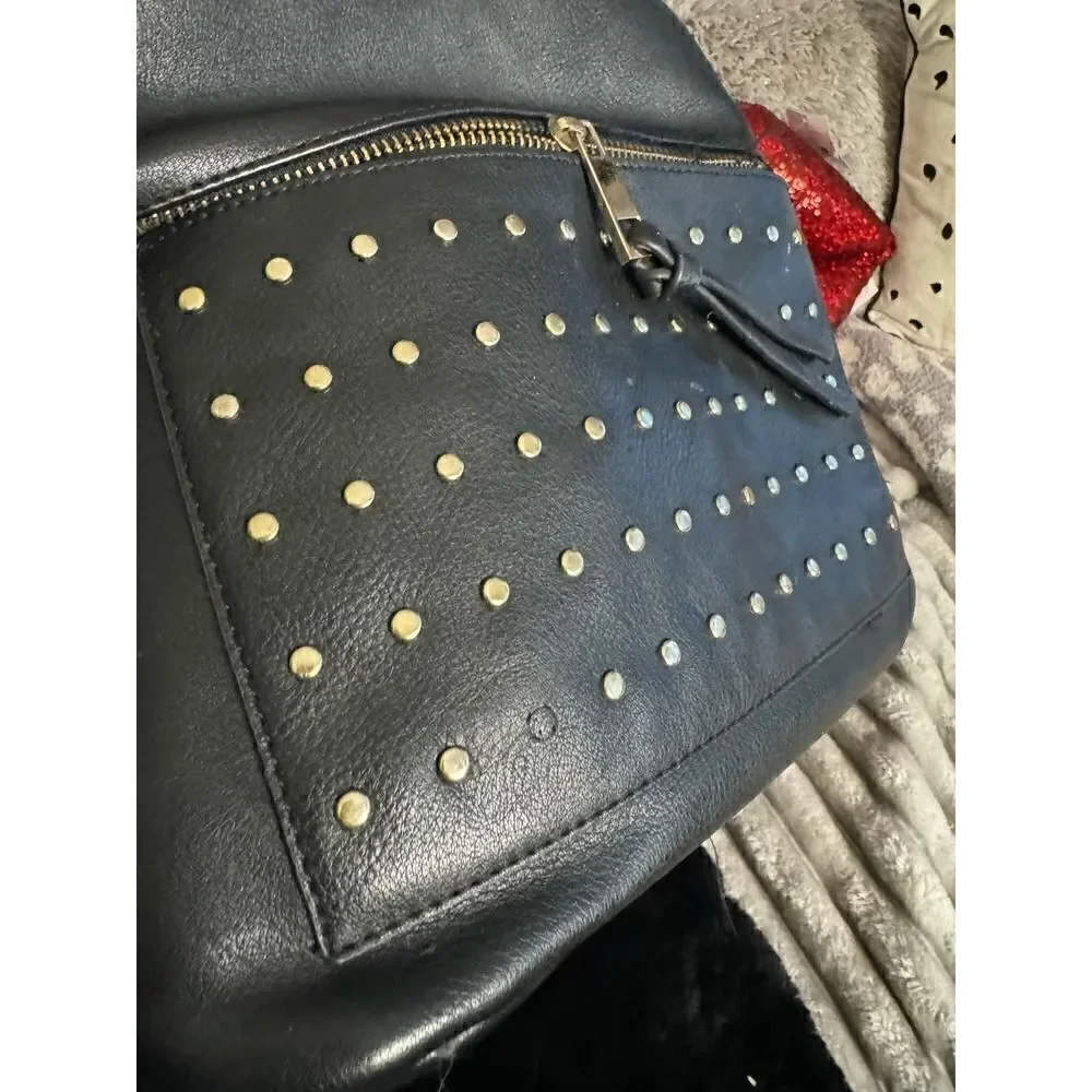 Rhinestone strap rivet studded black vegan leather backpack